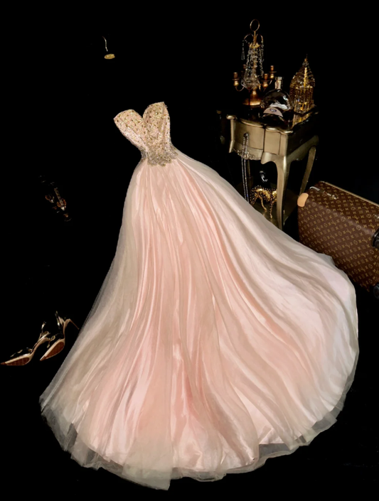 Gorgeous Light Pink Strapless Tulle Beaded Mermaid Party Dress Long Birthday Prom Gown SP956