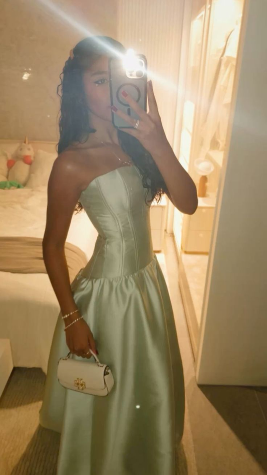 Fashion Strapless Mint Green Satin Long Wedding Guest Dress Formal Evening Dress SP1029