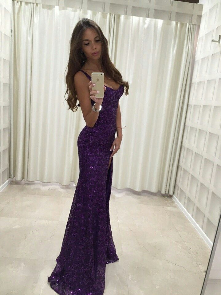 Sexy Spaghetti Straps Purple Sequin High slit Mermaid Long Party Dress Birthday Prom Dresses SP4152
