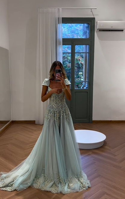 Gorgeous V Neck Baby Blue Tulle Sequin Beaded Mermaid Evening Dress Long Birthday Prom Gown SP1143