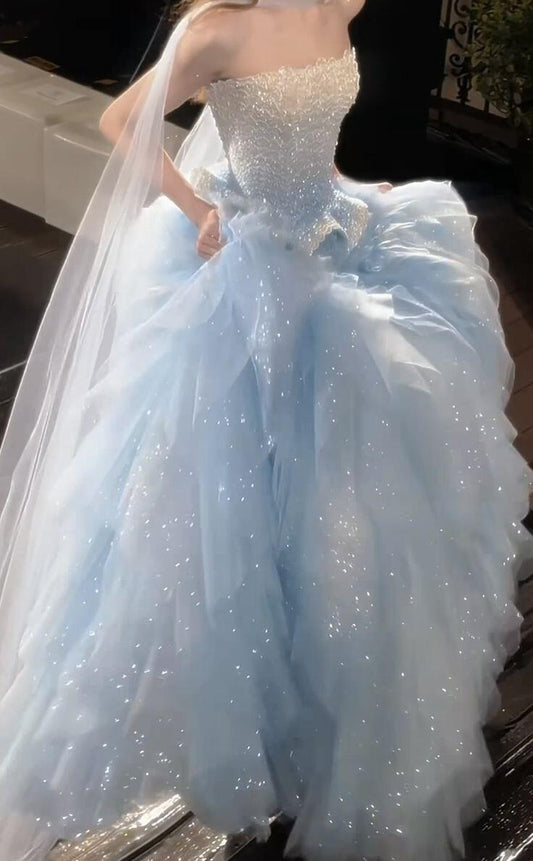 Glitter Strapless Ball Gown Light Blue Tulle Sequin Long Party Dress Prom Gown SP2780