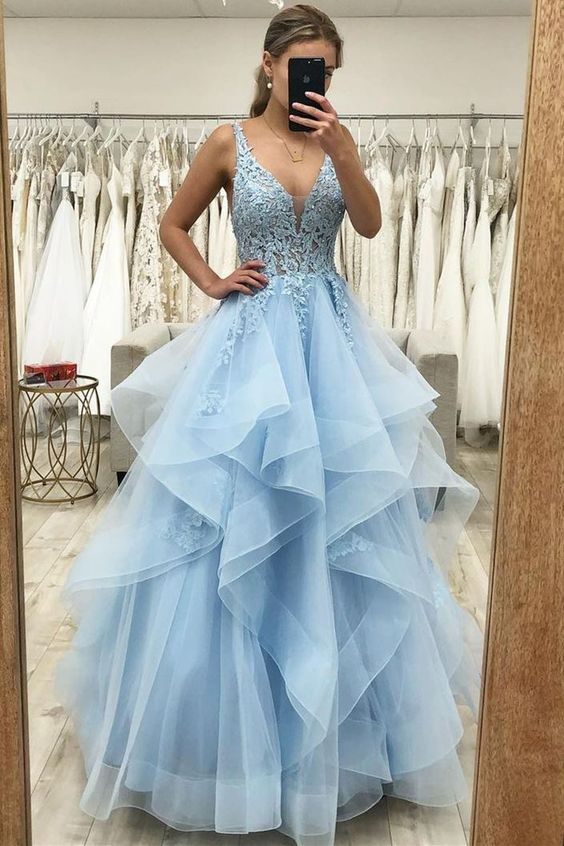 Princess Blue A-line Ruffles Long Prom Dress Y5624