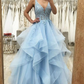 Princess Blue A-line Ruffles Long Prom Dress Y5624