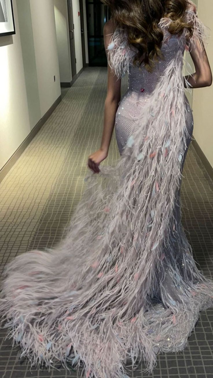 Pretty Light Pink Sequin Feathers Mermaid Long Party Dress Prom Gown SP1120