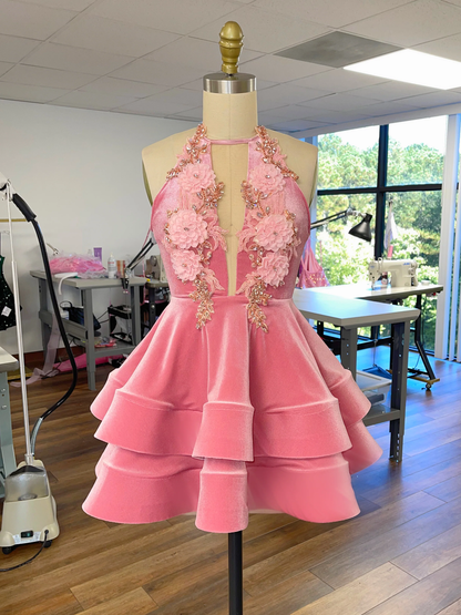 Cute A-line Pink Homecoming Dress,Halter Neckline Pink Party Dress Y2153