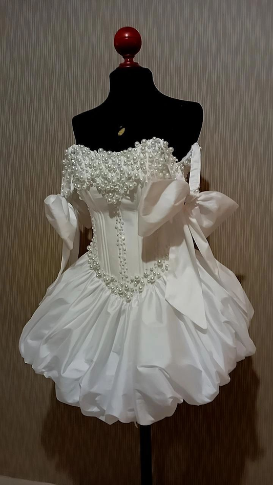Glamorous White Satin Pearls A Line Short 6th Grade Homecoming Dress,Bow Straps Mini Birthday Dress SP2650