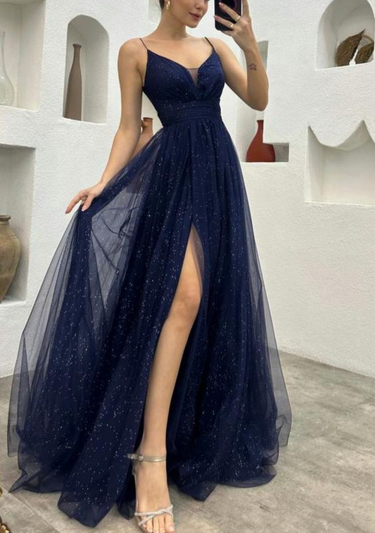 Spaghetti Straps Navy Blue V-neck A-line Long Fashion Prom Dresses Y5912