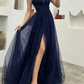 Spaghetti Straps Navy Blue V-neck A-line Long Fashion Prom Dresses Y5912