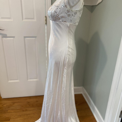 Elegant White Spaghetti Straps Satin Sequin Mermaid Long Wedding Guest Dress Party Dress SP995