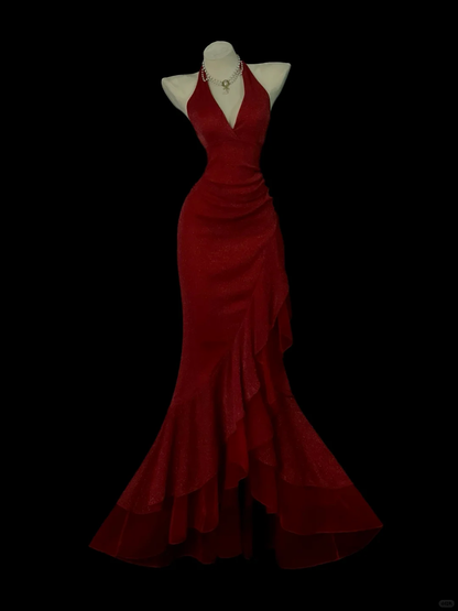 Shiny Halter Satin Sequin Ruffle Mermaid Long Party Dress Red Long Birthday Prom Dress Gown SP4050
