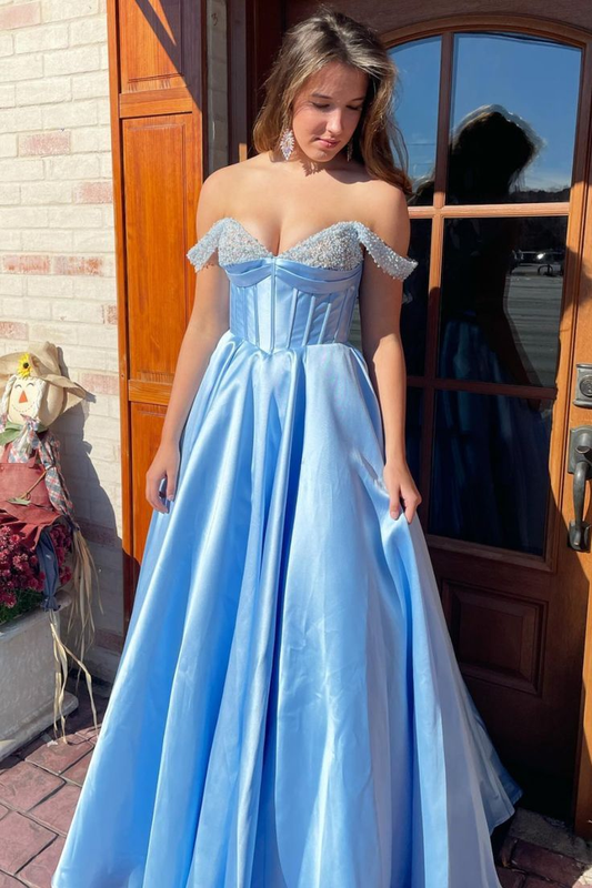 Blue Beaded Off-the-Shoulder Empire Waist A-Line Prom Dress Y6273