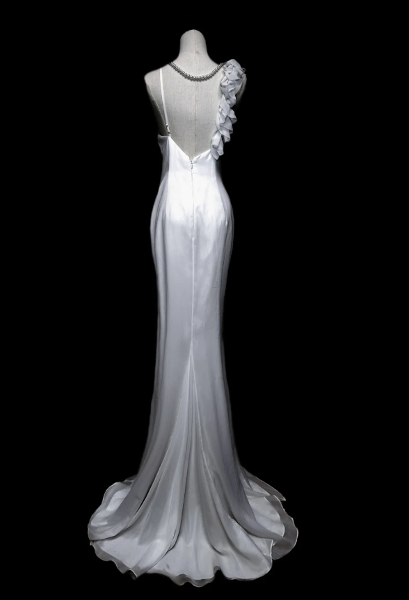 Classy Spaghetti Straps Chiffon Ruffles Mermaid Prom Dress White Backless Party Gown SP509