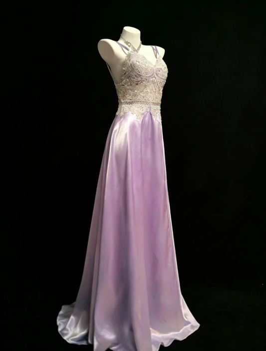 Elegant Spaghetti Straps Lace Appliques Beaded Long Wedding Guest Dress Purple Party Dress Prom Dress SP1587