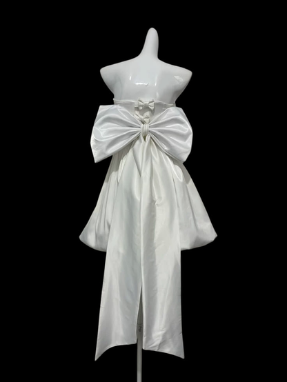 Elegant Strapless White Short Satin Short Homecoming Dress Birthday Dress With Bow SP3643