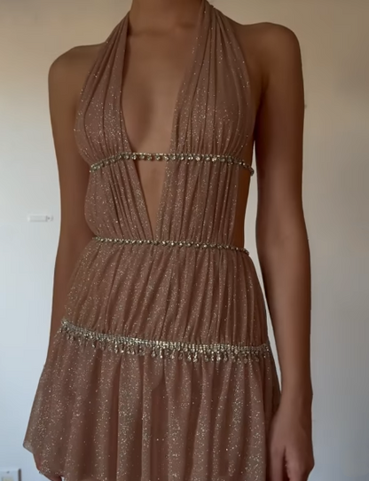 Sparkly Halter Deep V Satin Sequin Beaded Short Graduation Homecoming Dress 19th Birthday Outfits SP43