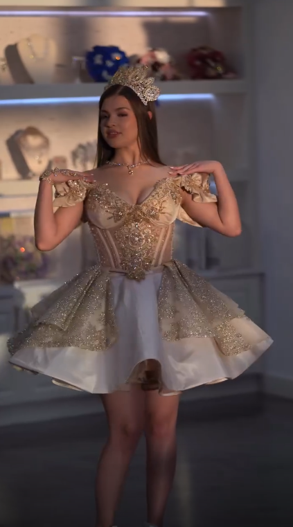 Gorgeous Champagne Gold Satin Tulle Sequin Beaded A Line Short Homecoming Dress,Off The Shoulder Short Prom Dress SP2846