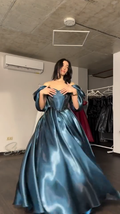 Elegant Off The Shoulder Ball Gown Blue Satin Long Party Dress Birthday Dress SP2144