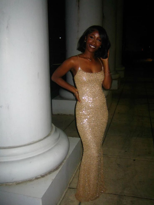 Sparkly Spaghetti Straps Sequin Mermaid Party Dress Long Wedding Guest Dress SP2529