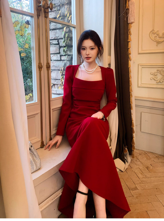Pretty Red Satin Pleated Mermaid Formal Wedding Guest Dress Long Evening Dress SP1654