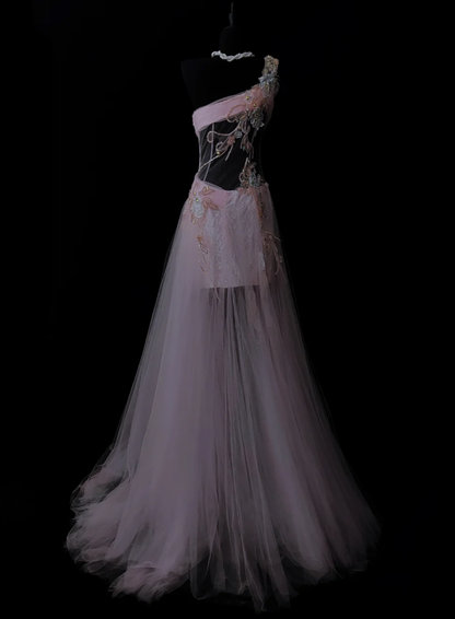 Beautiful One Shoulder Pink Tulle Lace Appliques Beaded Mermaid Prom Gown Long Evening Dress SP479