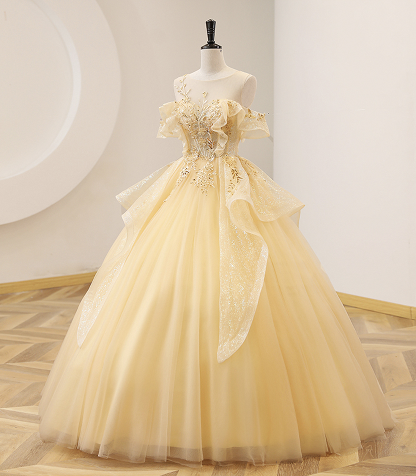 Yellow Ball Gown Beaded Sweet 16 Dress, Yellow Long Formal Dress Y4045