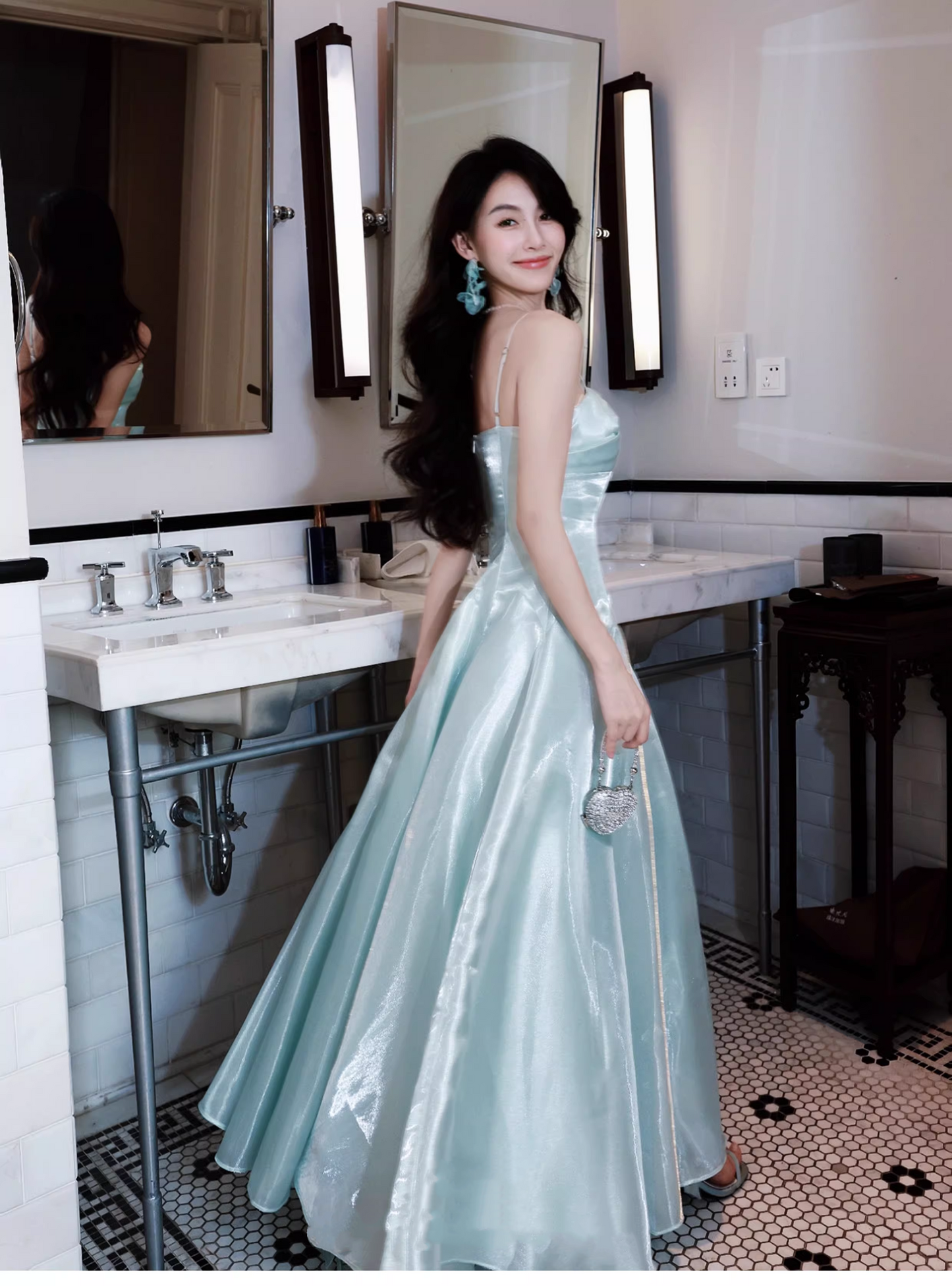 Shiny Blue Organza A Line Long Birthday Party Dress 20th Birthday Outfits SP2012