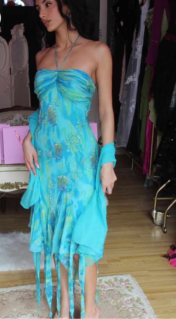 Unique Halter Chiffon Print Sequins Mid Prom Evening Dress Y8345