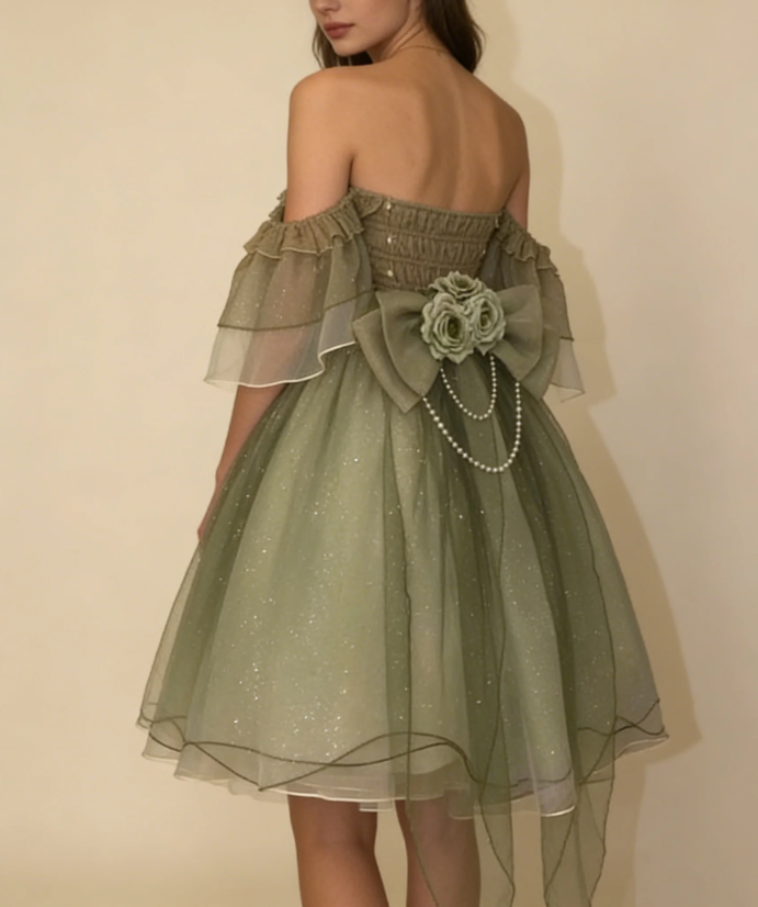 Classy Green Off Shoulder A-Line Floral Short Homecoming Dress Cute Mini Birthday Dress SP3786