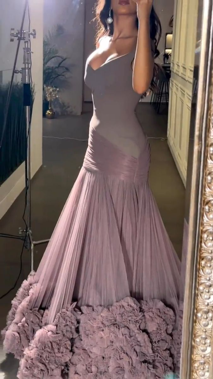 Pretty Off The Shoulder Tulle Pleated Mermaid Purple Long Party Dress Birthday Outfits SP865