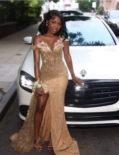 Gorgeous Champagne Satin Beaded Mermaid High-slit Sequined Long Party Dress SP4116