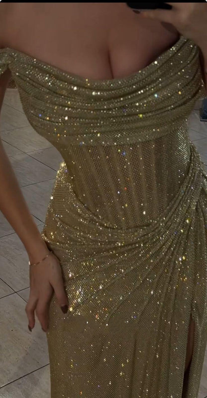 Glitter Gold Sequin Slit Mermaid Long Prom Dress Party Gown SP3411