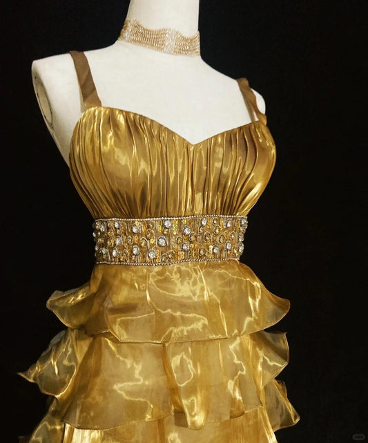 Gorgeous Spaghetti Straps Gold Organza Layered Beaded A Line Short Homecoming Dress Birthday Outfits SP2911