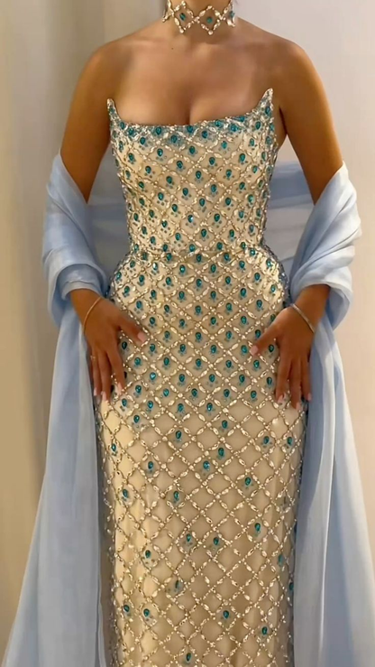 Gorgeous Strapless Blue Sequin Beaded Sheath Long Party Dress Formal Birthday Party Gown SP772