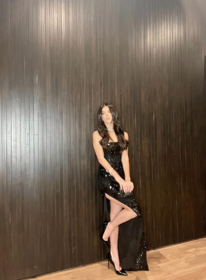 Sexy Black Strapless Satin Sequin Slit Long Party Dress Birthday Prom Dresses SP1037