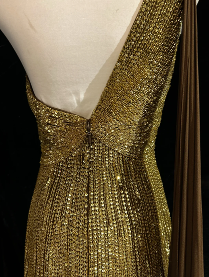 Gorgeous One Shoulder Gold Sequin Beaded Mermaid Long Prom Dress Party Gown SP1857
