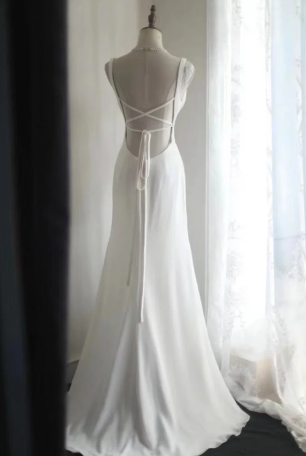 Elegant White V Neck Backless Long Wedding Guest Dress Party Gown SP1205