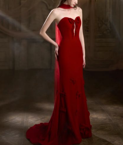 Classy Strapless Red Satin Bow Mermaid Long Wedding Guest Dress Formal Party Dress With Scarf SP2097