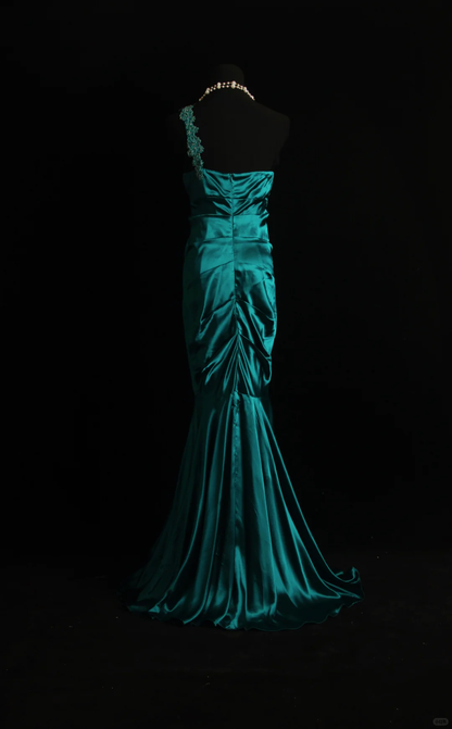 Vintage Green One Shoulder Satin Pleated Beaded Mermaid Long Evening Dress Formal Prom Gowns SP2089