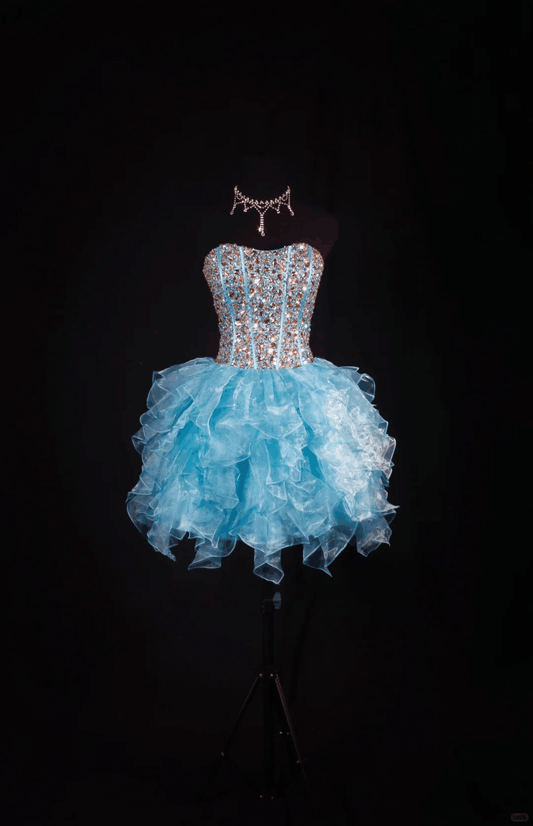 Sparkly Strapless Tulle Beaded A Line Short Prom Dress,Light Blue Short 8th Grade Homecoming Dress SP2831