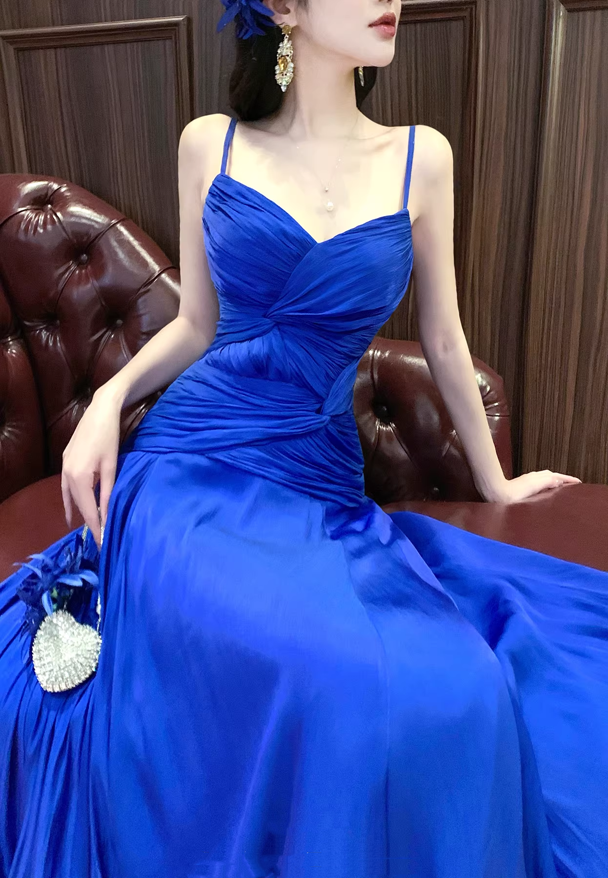 Unique Spaghetti Straps Royal Blue Pleated Satin Long Party Dress 19th Birthday Outfits SP2014