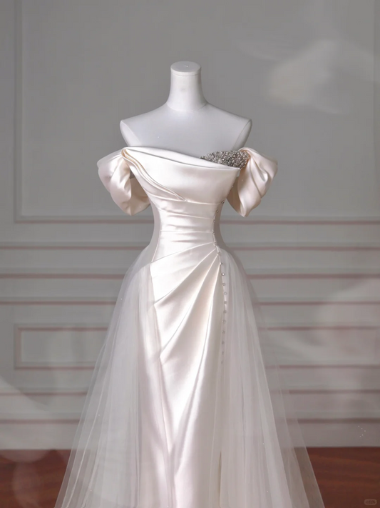 Elegant White off The Shoulder Satin Beaded Mermaid Wedding Dress Y8617