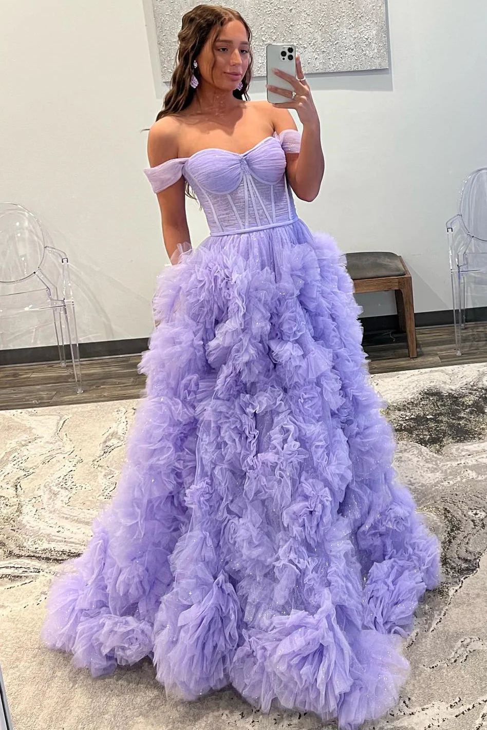 Lavender A-line Off-the-Shoulder Ruffle Layers Long Prom Dress Y2715