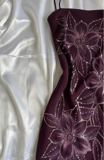 Retro Spaghetti Straps Purple Chiffon Sequin Floral Long Party Dress Prom Gown With Scarf SP2243