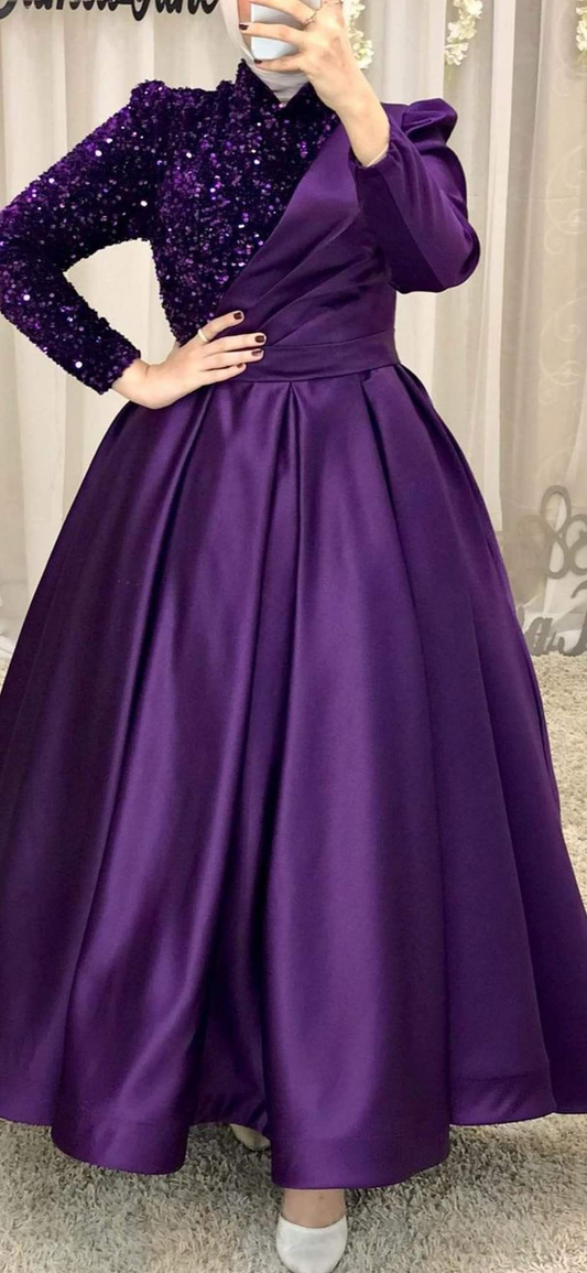 evening dresses for wedding prom long sleeve plus size purple luxury elegant women Y4999
