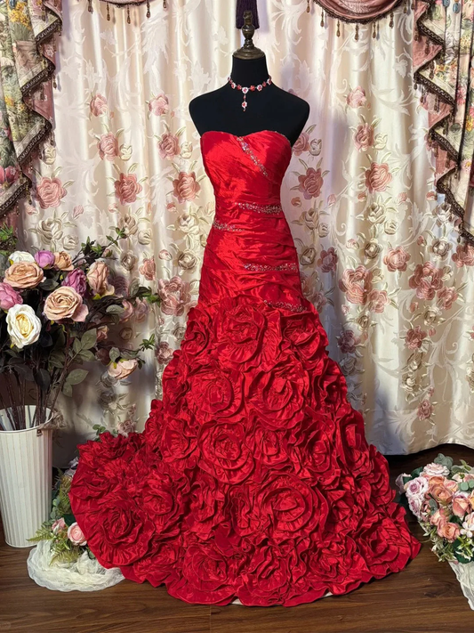 Gorgeous Red Princess Sweetheart Satin Pleated Flowers Mermaid Long Prom Dress Evening Dress SP1603