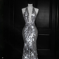 Sparkly Silver Deep V Halter Sequins Beaded Backless Evening Dress,Mermaid Prom Dress Y8687
