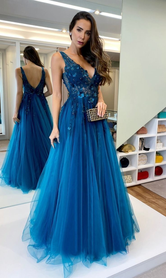 A-Line V Neck Appliques and Tulle Prom Dresses Y5379