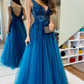 A-Line V Neck Appliques and Tulle Prom Dresses Y5379
