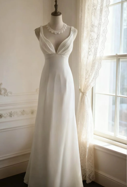Elegant White V Neck Backless Long Wedding Guest Dress Party Gown SP1205