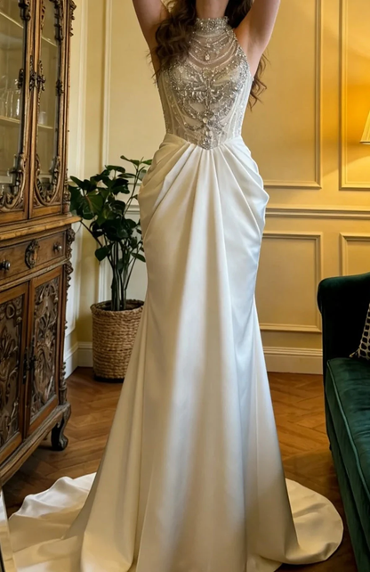 Gorgeous Satin Beading Pleated Birthday Party Dress White Mermaid Long Prom Dress SP3863